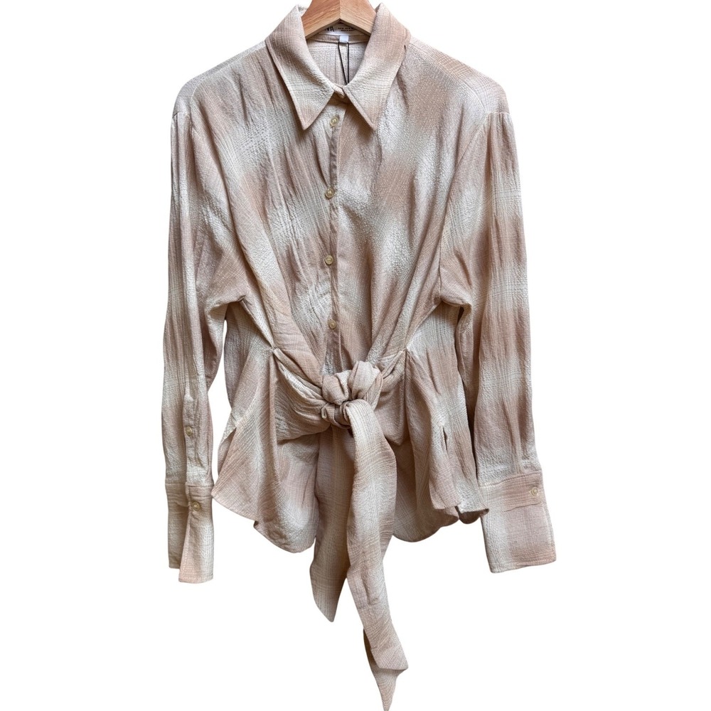 Zara Beige Textured Ruched Button Down Shirt Top Gauze Coastal Cotton Blend M - Picture 2 of 13